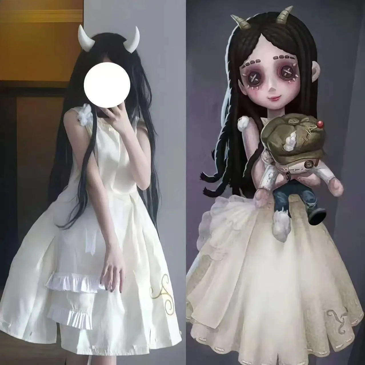 

Identity V Little Girl "Source of Evil" Cosplay Costume - White Lamb Horn Gown Set S-Tier Anime Role-Play Outfit for Events