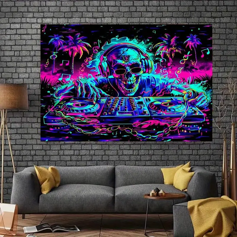 VIKAMA Neon Skeleton DJ Disc Palm Tree psychedelic Tapestry Background Hanging Cloth Electronic Music Party Room Decoration