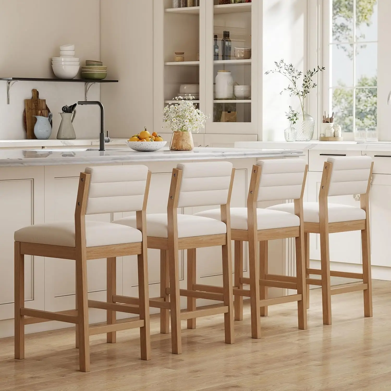 

Барные стулья высотой 26 дюймов, набор из 4 льняных мягких кухонных островов со спинкой, прямоугольные деревянные барные стулья середины века Co