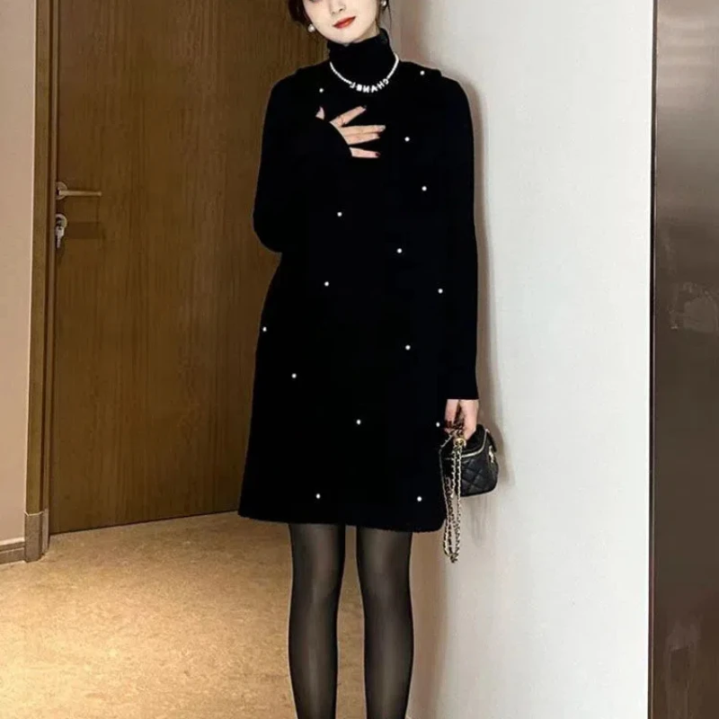 Autumn and Winter Set Women's New Style French High-end Semi High Neck Black Knitted Sweater Pearl Vest Skirt Two-piece Set