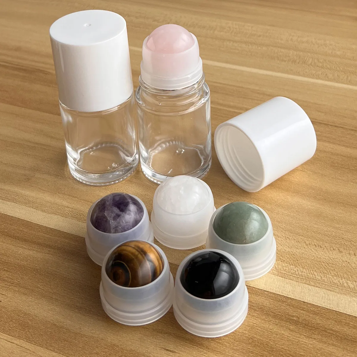 30ml Cute Clear Glass Bottle Natural Rose Quartz Extra Large Crystal Gem Roller Ball Roll On Perfume Oil Underarm Portable Refil