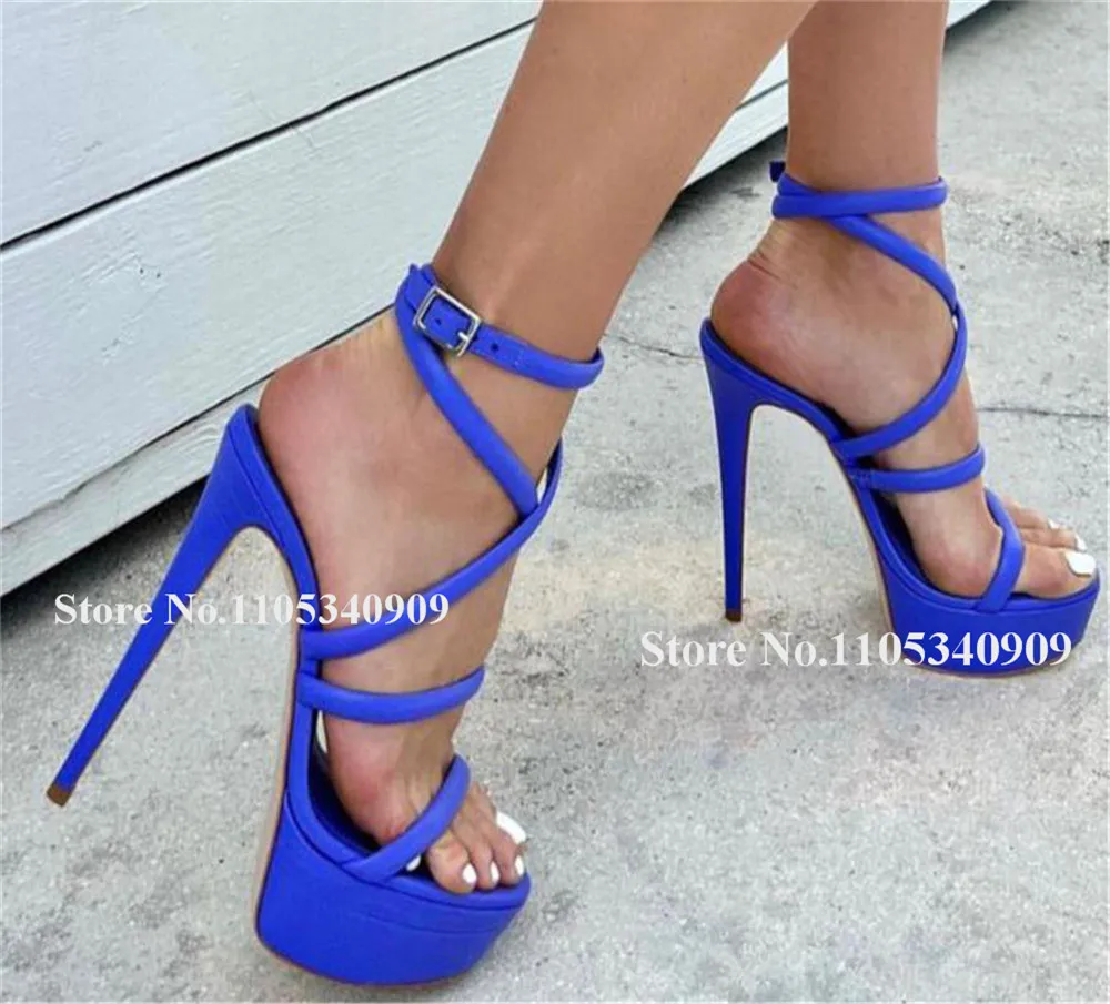Bondarenko Straps Cross Stiletto Heel Sandals Open Toe Black Blue Pink Matte Leather High Platform Thin Heel Party Dance Shoes