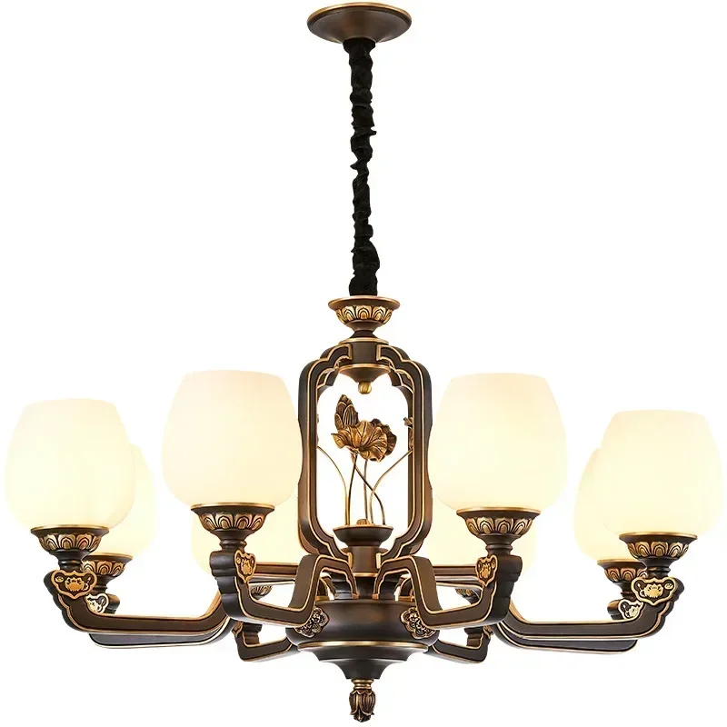 American Style Living Room Pendant LED Light Source Luxury Brass Dining Bedroom Rural Retro Modern Simple Black New Chinese Lamp