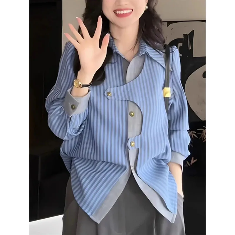

Wearing Fashionable Striped Long-Sleeved Shirts In Spring And Summer Splicing Two Shirts With Irregular Contrast And Covering Me