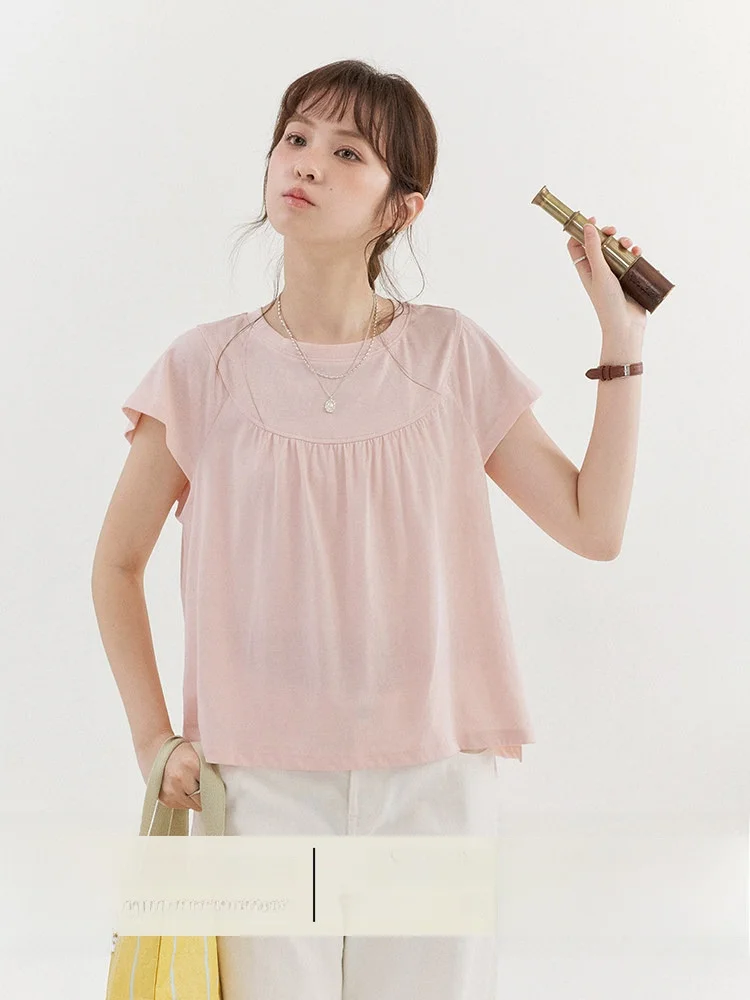 AMUU Original Sweet Pink Pleated Short Sleeve T-Shirt Women Summer New Loose round Neck Slimming Top Korean Style Cotton Poly...