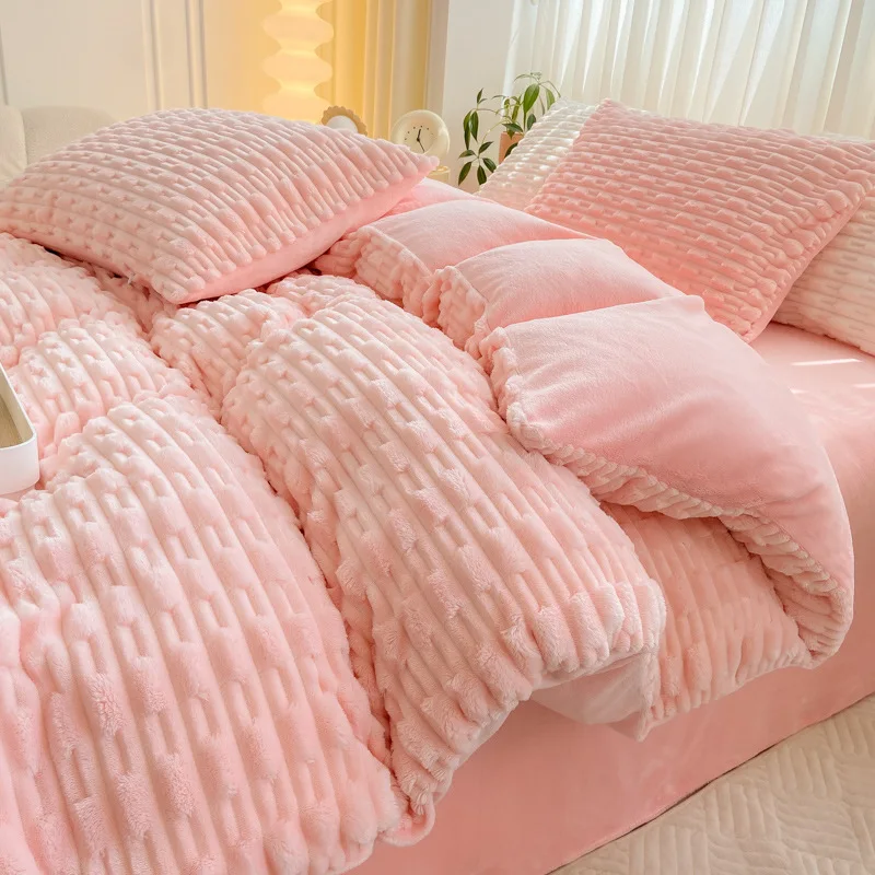 Rabbit plush bed sheet with Korean-style lace thickened quilt cover for autumn and winter, warm lace style