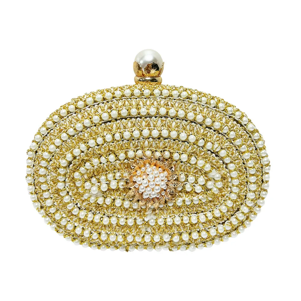 Gold Multi-size Layer Pearl Oval Clutch Luxury Vintage Evening Purse For Mature Women Wedding Banquet Rhinestone Formal Handbag