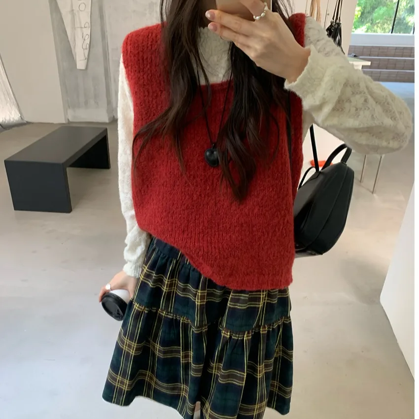 

Women's Knitted Vest Soft Thiened Svel Cisas Red Retro Sle Autumn Winter Warm Top Commute Sle Regular Length