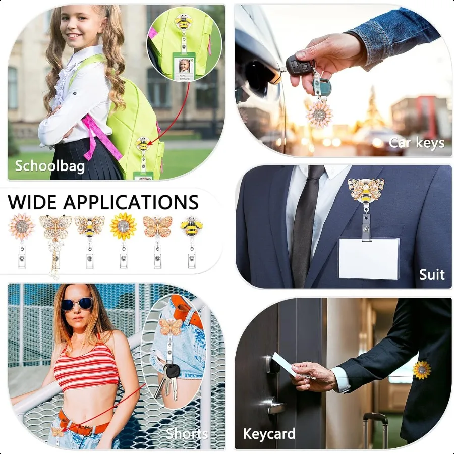 6 Pieces  Badge Reels Retractable Rhinestone Butterfly Badge Holders with Alligator Clip Bling Sunflower Bee ID Name Card Holde
