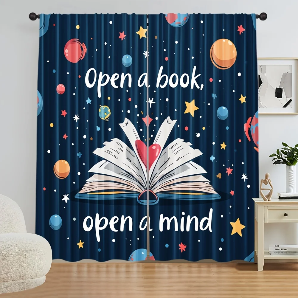 Educational Quote Space Book Window Curtains 2 Panels,Color Planet Star Heart Open Book Drapes for Kids Study Reading Decoration