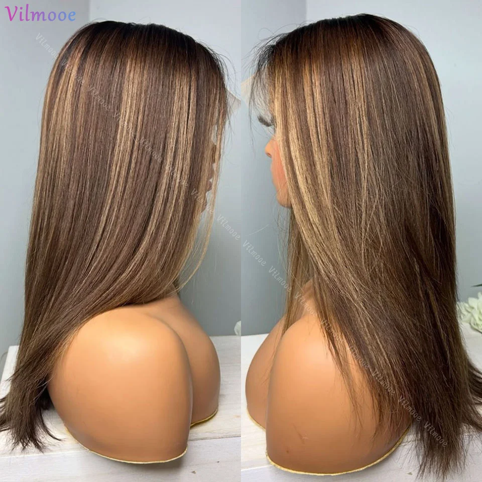 

Highlight Black Brown Human Hair 5x5 Silk Top Wigs Silky Straight 13x4 Lace Frontal Human Hair Wigs Pre Plucked Bleached Knots