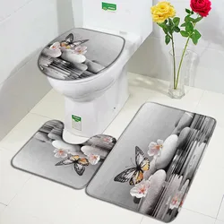 Butterfly Zen Bath Mat Set White Flower Grey Stone Water Nature Scenery Home Carpet Bathroom Decor Non-Slip Rug Toilet Lid Cover