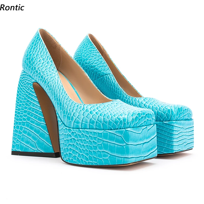 

Rontic 2022, стильные женские туфли-лодочки с рыбьим узором, странные туфли на высоком каблуке с квадратным носком, красивые небесно-голубые розовые модельные туфли, размер США 4-10,5