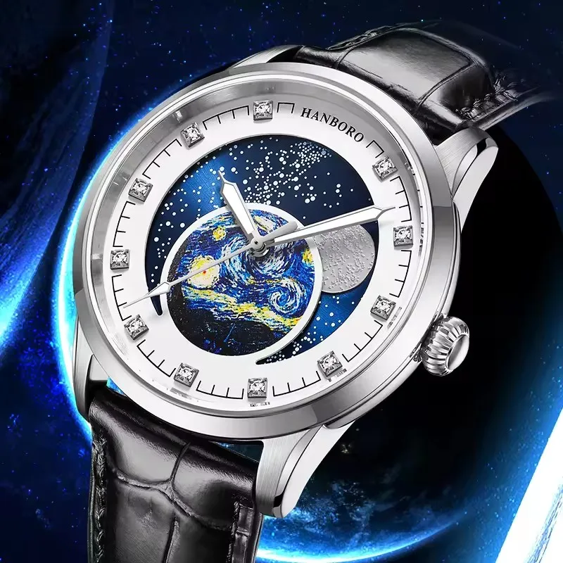 Reloj Hombre HANBORO Mechanical Watch for Men Brand Luxury Mens Moon Phase Automatic Wristwatch Waterproof Luminous Montre Homme