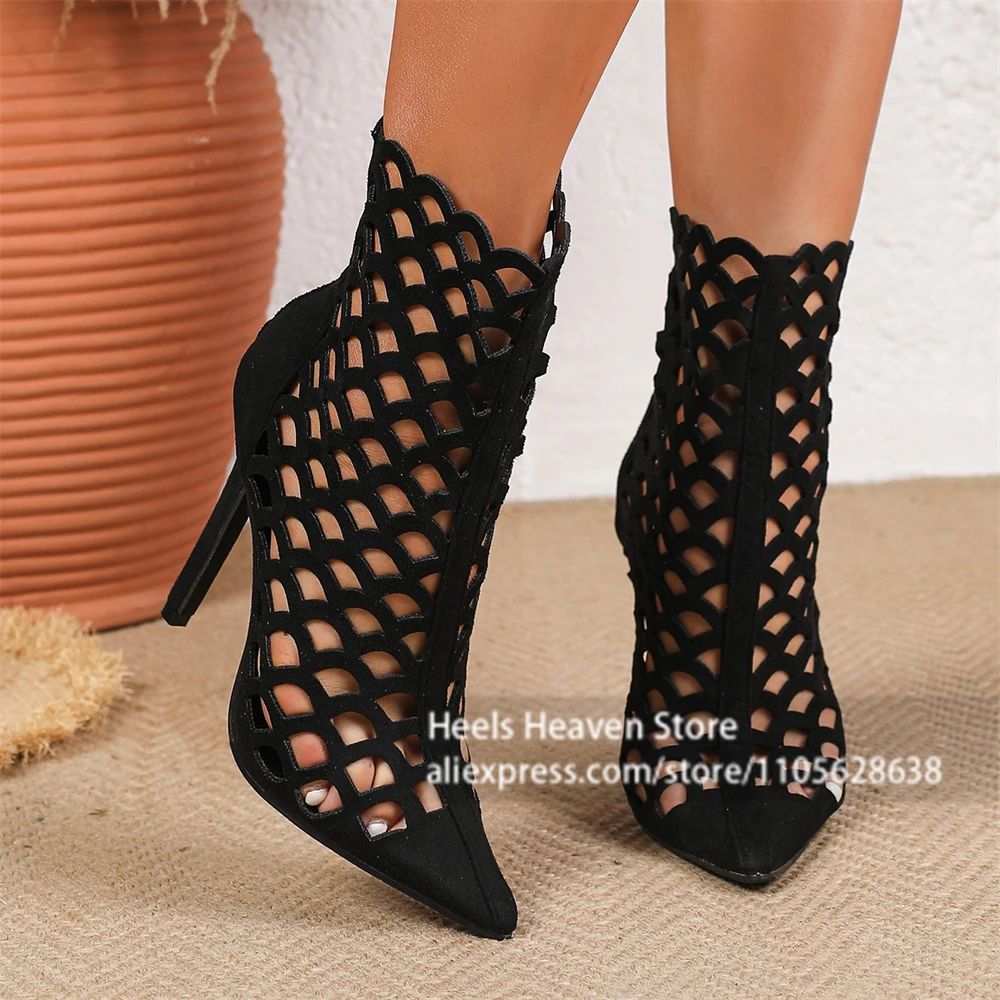 Sharp Pointed Toe Silhouette Cutout Hollow Out Boots Hidden Zipper Closure Lightweight Breathable Hollow Structure Ankle Boots