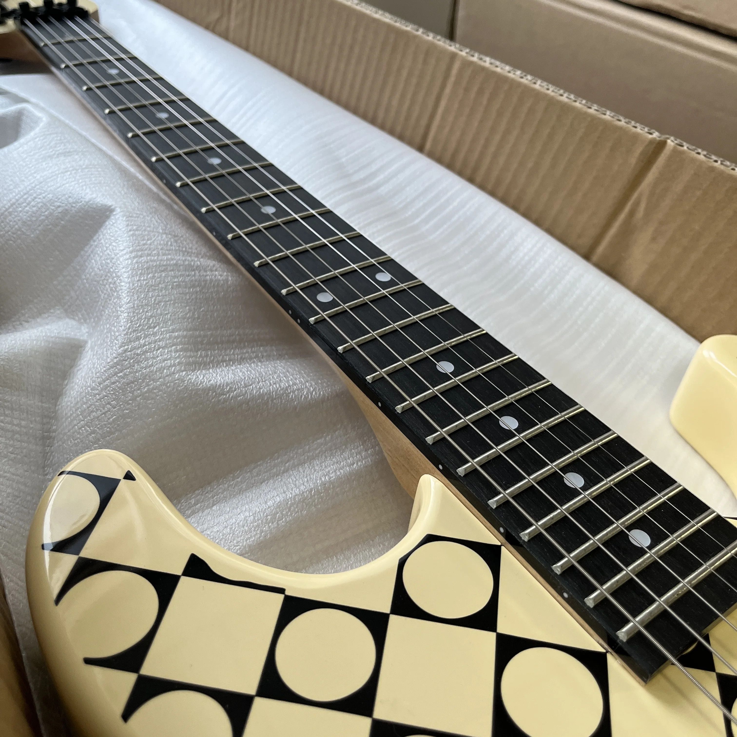 Cream-Colored Electric Guitar Black And White Geometric Patterns Circular And Square Patchwork Prints, Blue Dress, Rosewood Fingerboard, Maple Body, Christmas Gift, US Stock, Free Shipping. view 5
