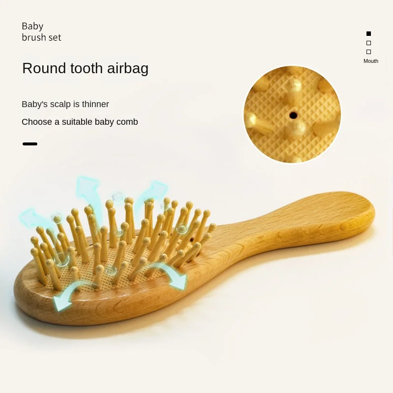 Baby Wool Brush Set  Beech Wood Soft Small Wooden Brush  Air Bag Wooden Comb Baby Shampoo Comb and Care Three-piece Set