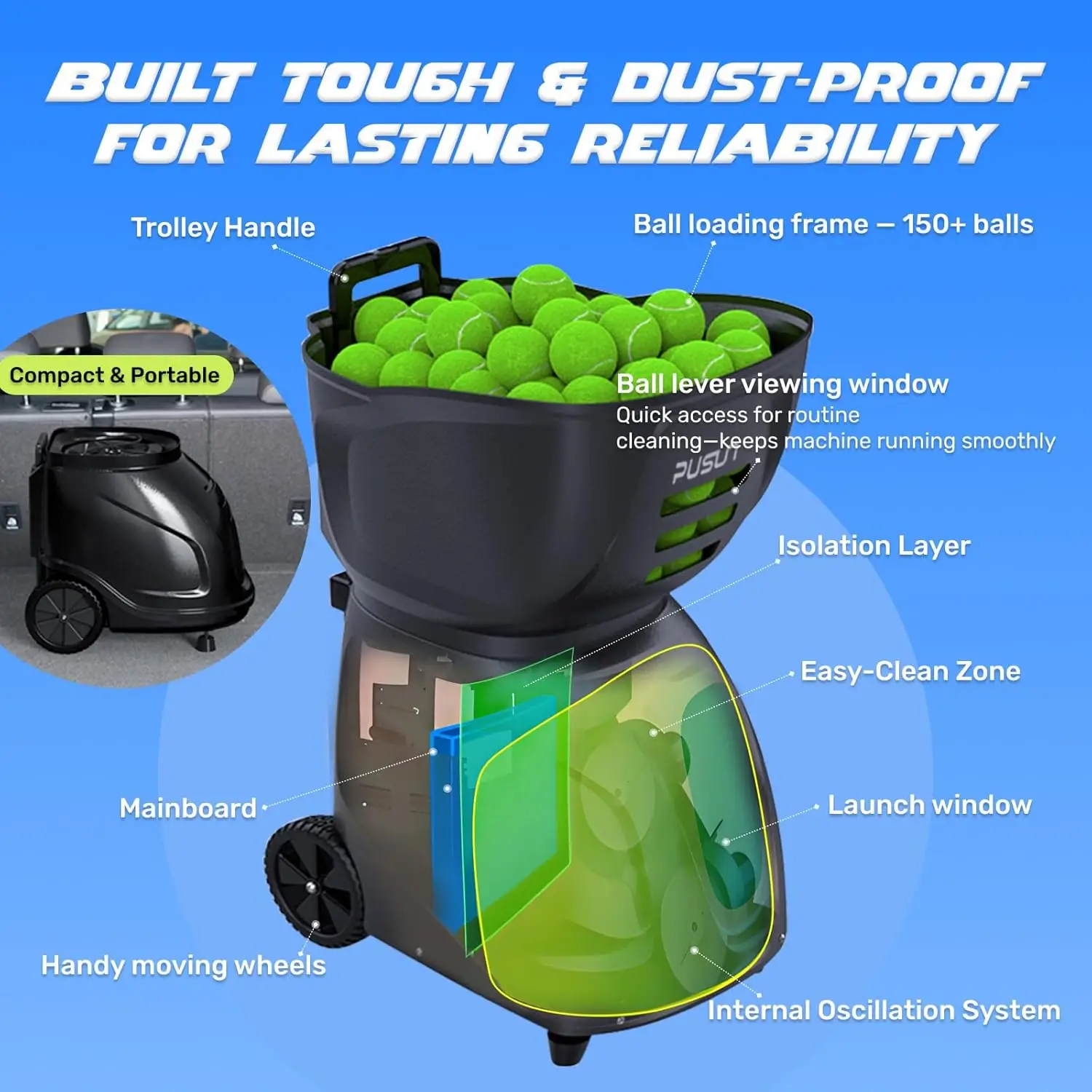 Pusun PT-MAX C Portable Tennis Ball Launcher ABS Machine Ball Thrower with App/Remote Control for Padel Training