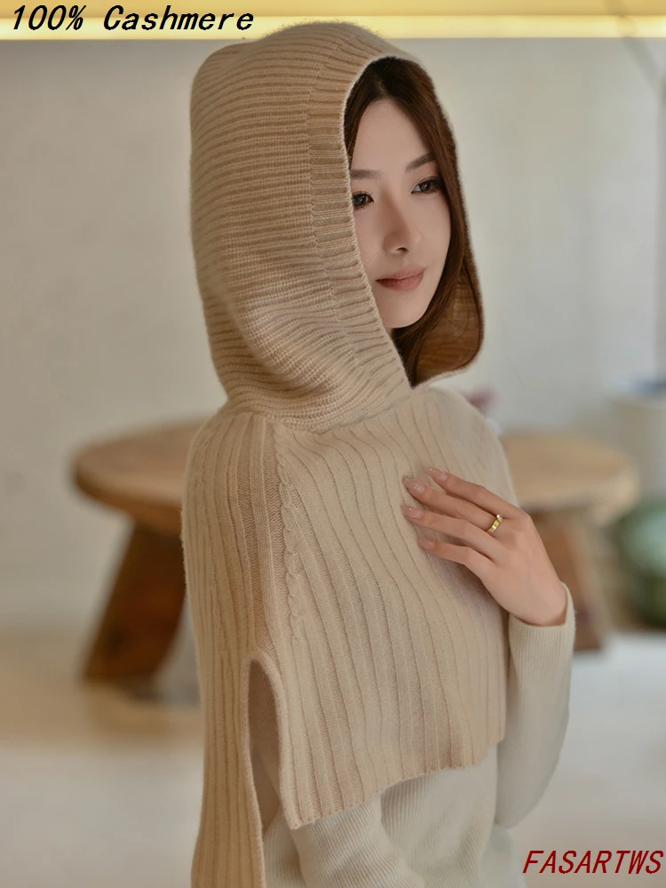 

High Quality Pure100% Cashmere New Knit Hooded Shawl Autumn Winter Warm Thick Scarf Set One-piece Shawl Hat Pullover Shawls