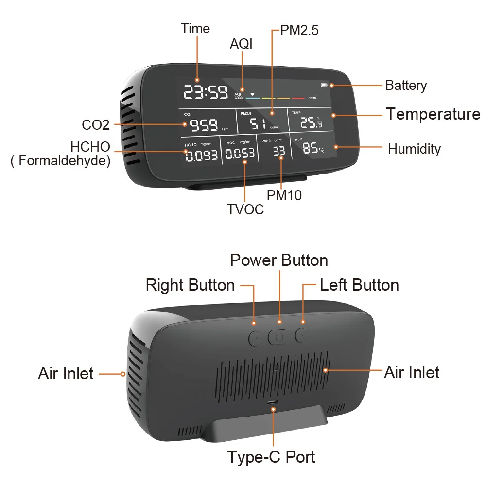 Dienmern monitor de qualidade do ar interno 9 em 1, desktop, co2/pm2.5/pm10, sensor tvoc, medidor de formaldeído, testador aqi para espaço confinado