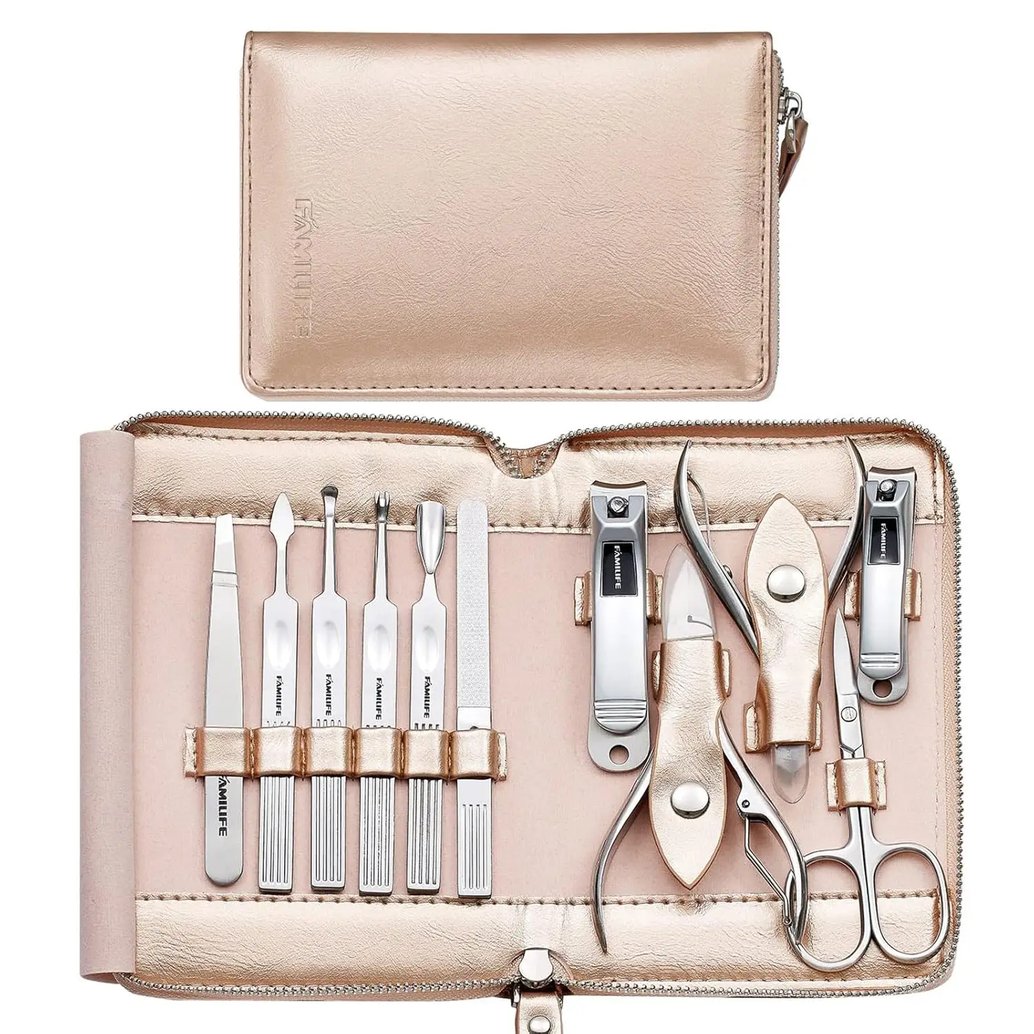 

Professional Manicure Kit 11-in-1 Stainless Steel Tools with Rose Gold Leather Case Travel Set for Women