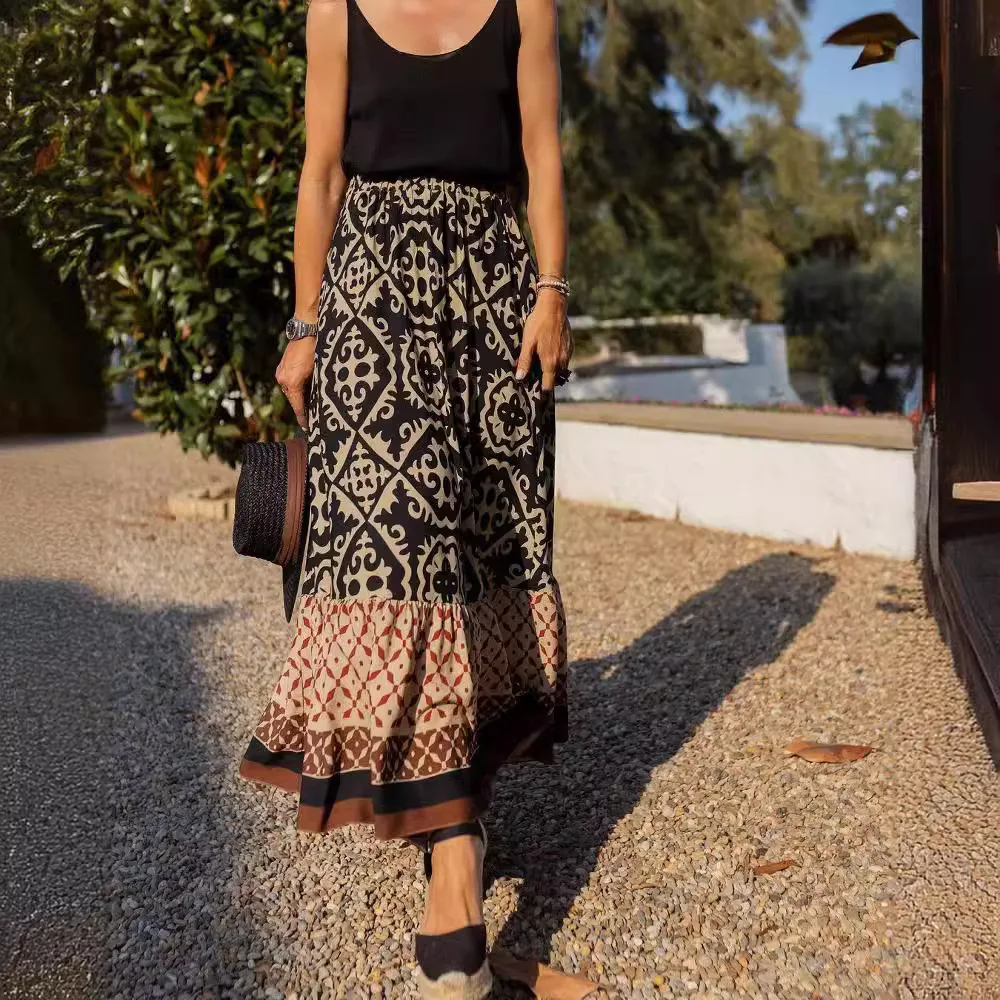 

Casual Print Skirt Women Fashion Boho Beach Holiday Loose Long Skirts For Women Elegant Vintage Womens Clothing Summer New Skirt