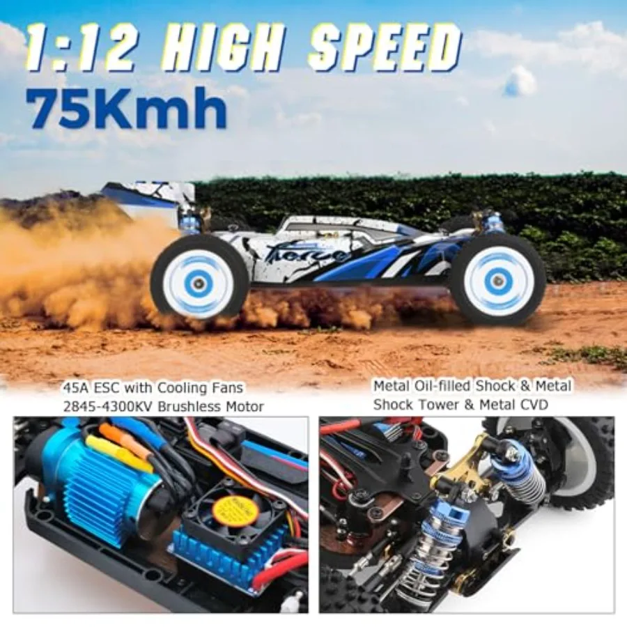 Fast RC car for outdoor use, ABS plastic body, black with red accents, 75km/h speed and 4x4 brushless motor