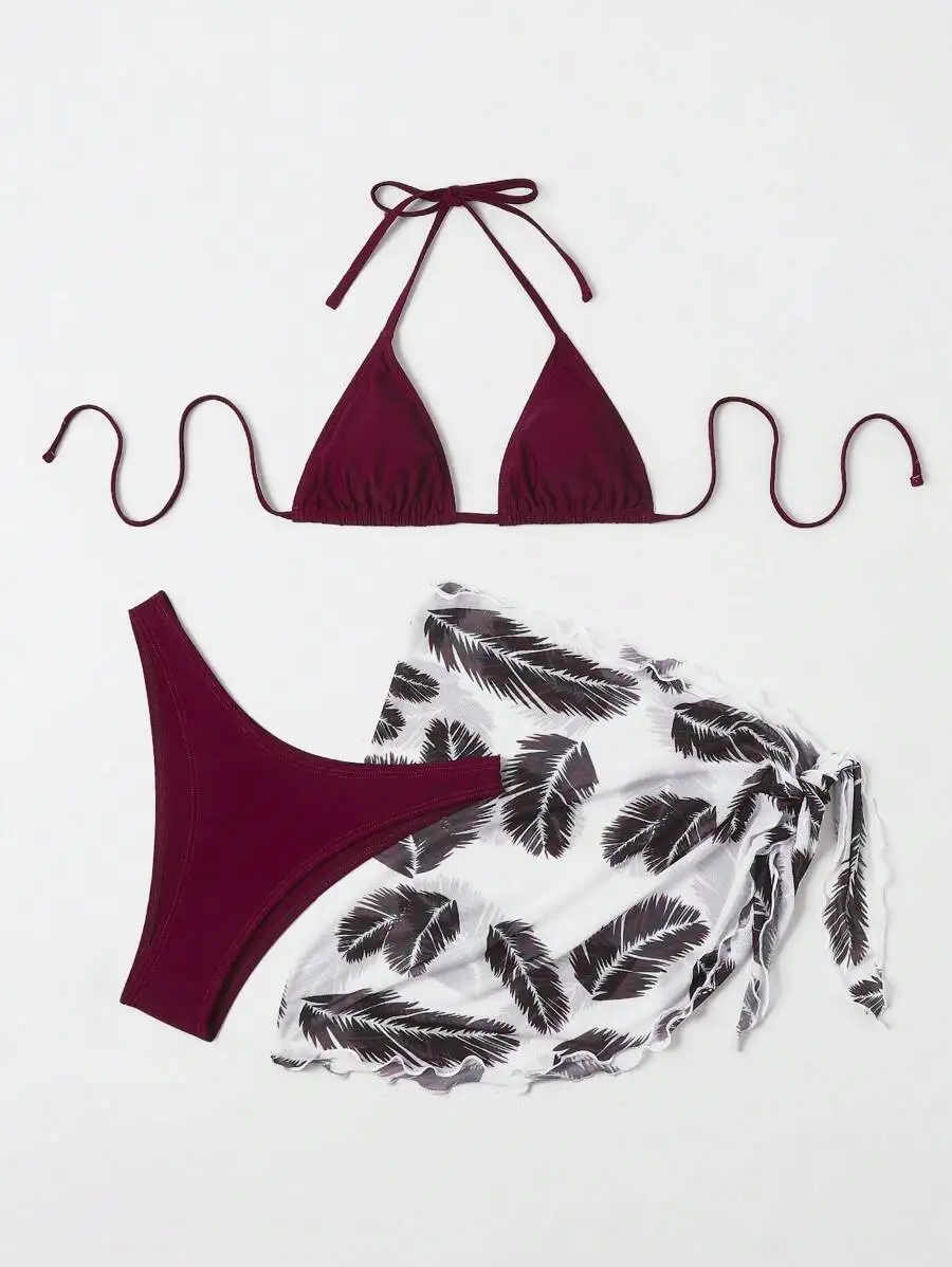 Maillot de bain 2 pièces pour femmes, vacances à la plage, vin rouge, couleur unie, imprimé plumes, ensemble Cover-Up et Bikini, maillot de bain séparé
