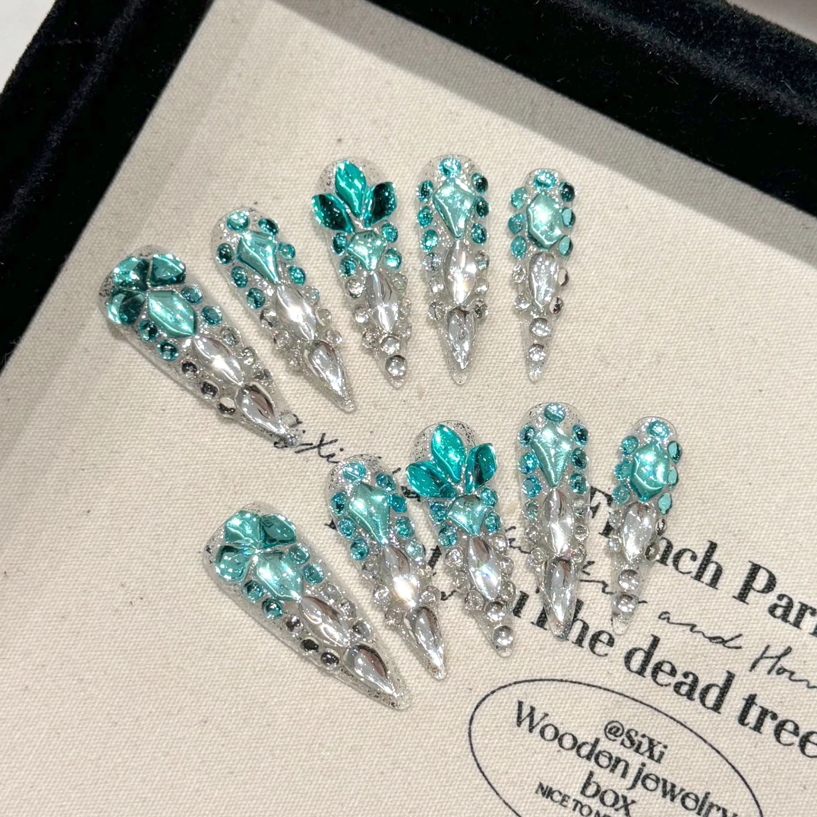 10pcs Rhinestones Handmade Press On Nails Long Pointed Fake Nails Colorful Full Diamond Decor Wearable French Flash False Nails