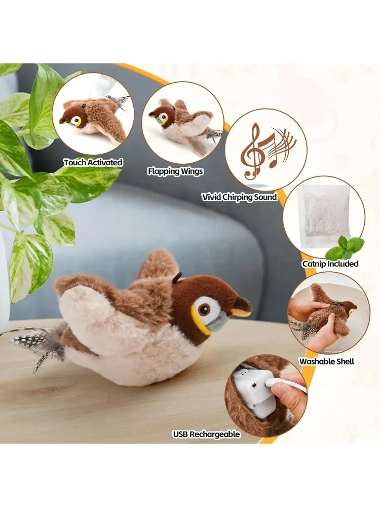 Brinquedos interativos para gatos com Catnip, Recarregável, Voando, Flapping Bird, Touch Activated,