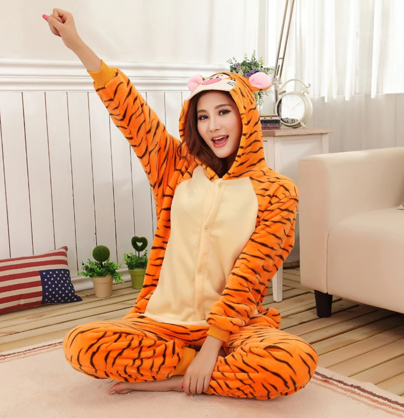 Unisex inverno uma peça dos desenhos animados pijamas de tigre com duas orelhas redondas poliéster fino quente magro bonito confortável sleepwear