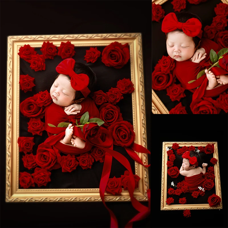 red-rose-newborn-stretch-swaddle-bow-headband-set-infant-photo-prop-outfit-for-studio-newborn-portrait-shooting