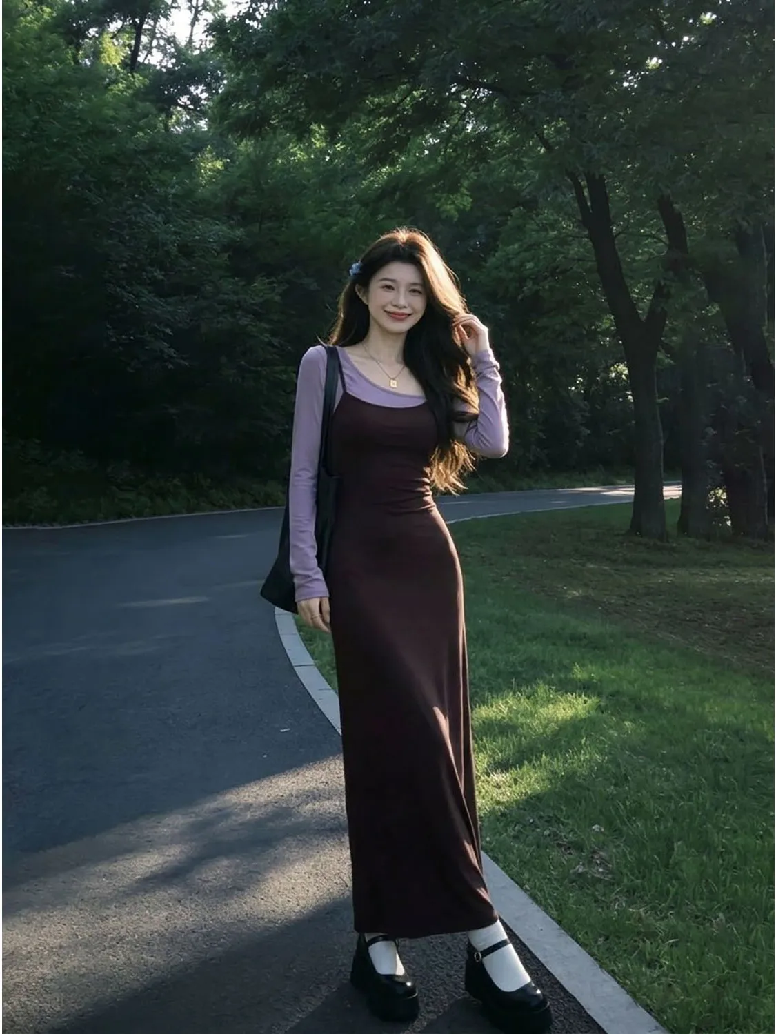 Pure Desire Color Collision Long Sleeve Wrap Waist Slimming Long Dress Fake Two-Piece Strapless Gown Shoulder Baring Design