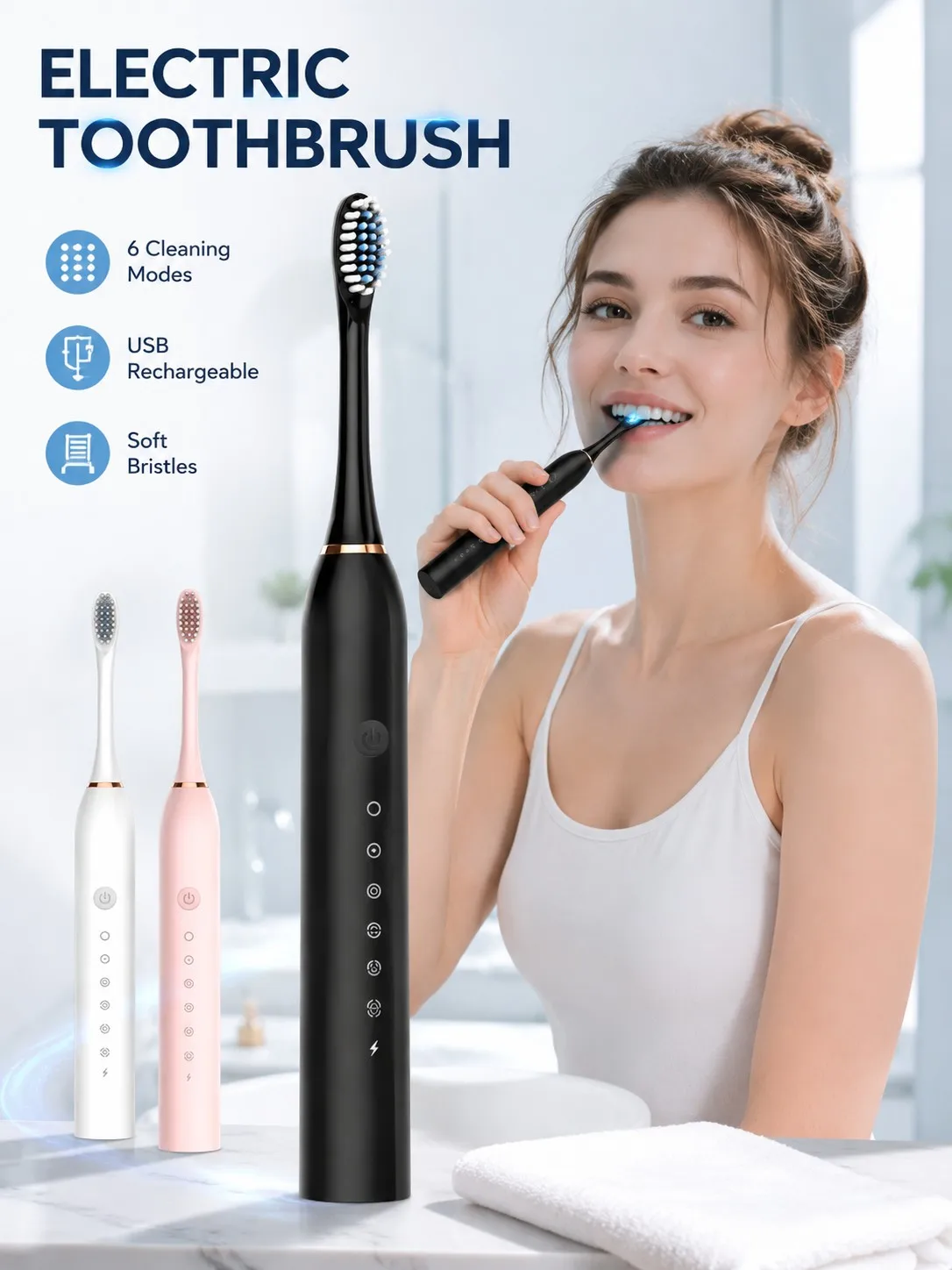 

6 Mode Electric Toothbrush USB Rechargeable Waterproof Sonic Tooth Cleaner, Soft Bristle Automatic Brush for Adults Couples