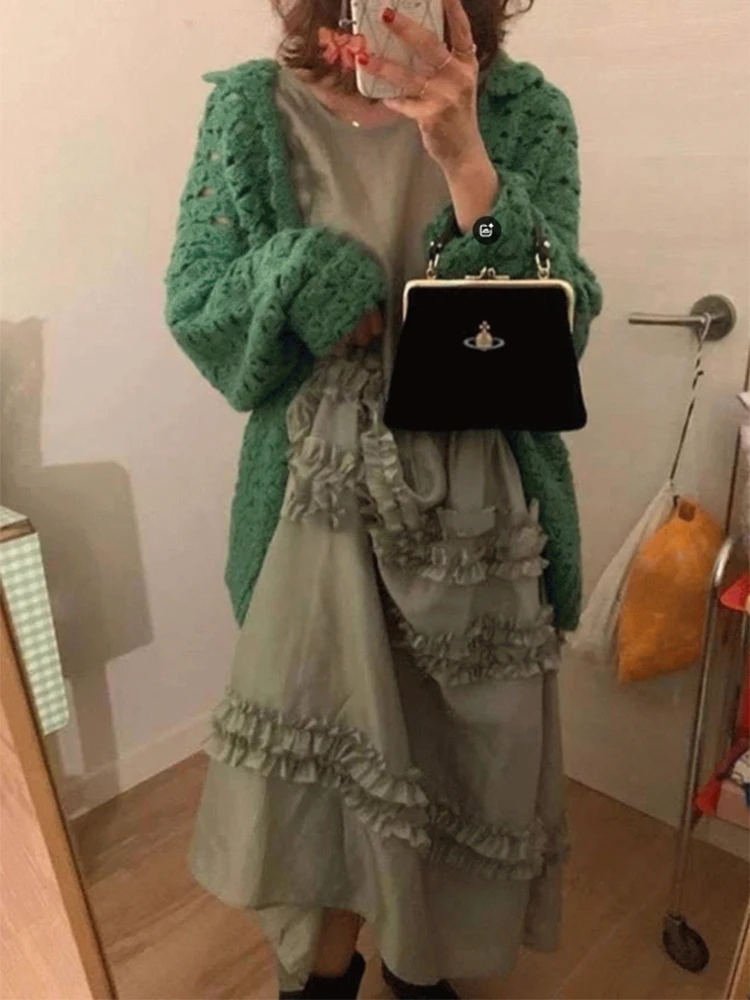 Chique vintage em torno do pescoço sem mangas colete vestido em camadas bolo saia longa primavera moda fena viagem cintur...