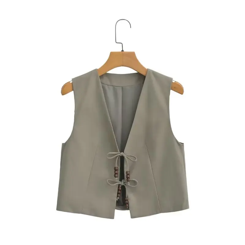 New Women Fashion V Neck Sleeveless Beading Design Lace Up Short Linen Vest Jacket Office Lady Casual Slim WaistCoat Tops CT2208