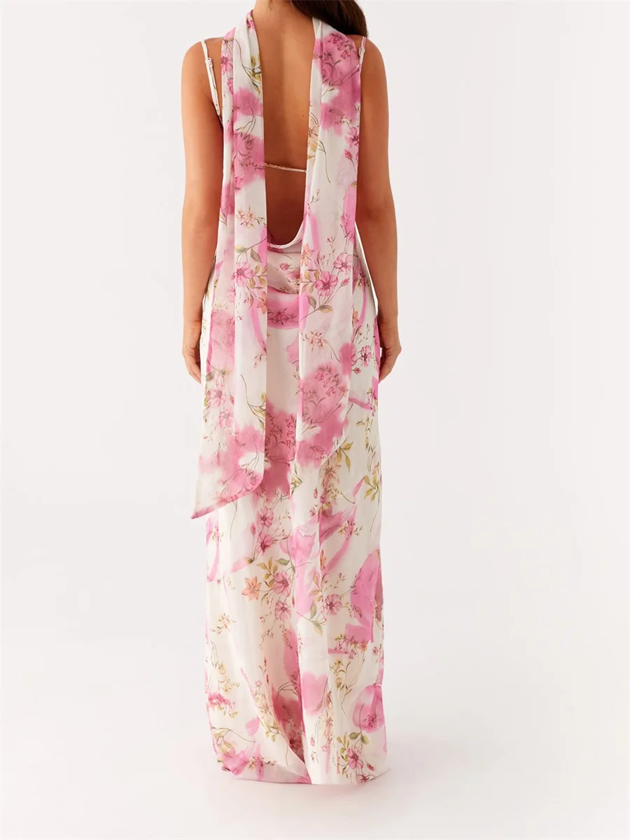 ผู้หญิงฤดูร้อน Cami ชุดสปาเก็ตตี้สายคล้องคอพิมพ์ลายดอกไม้ชุดยาวแฟชั่นชุดลําลองพร้อม Choker ผ้าพันคอ