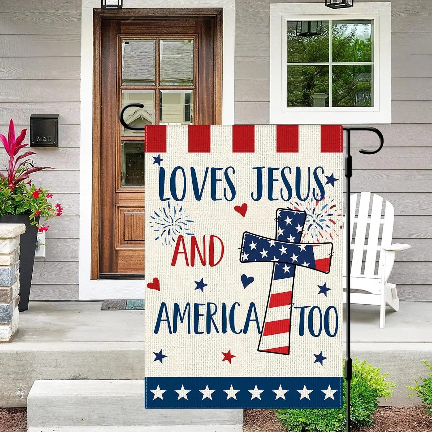 DLZDN 4th of July Garden Flag 12×18 Inch Loves Jesus and America Too Double Side Vertical Burlap Farmhouse Yard Flag Indepen IIC