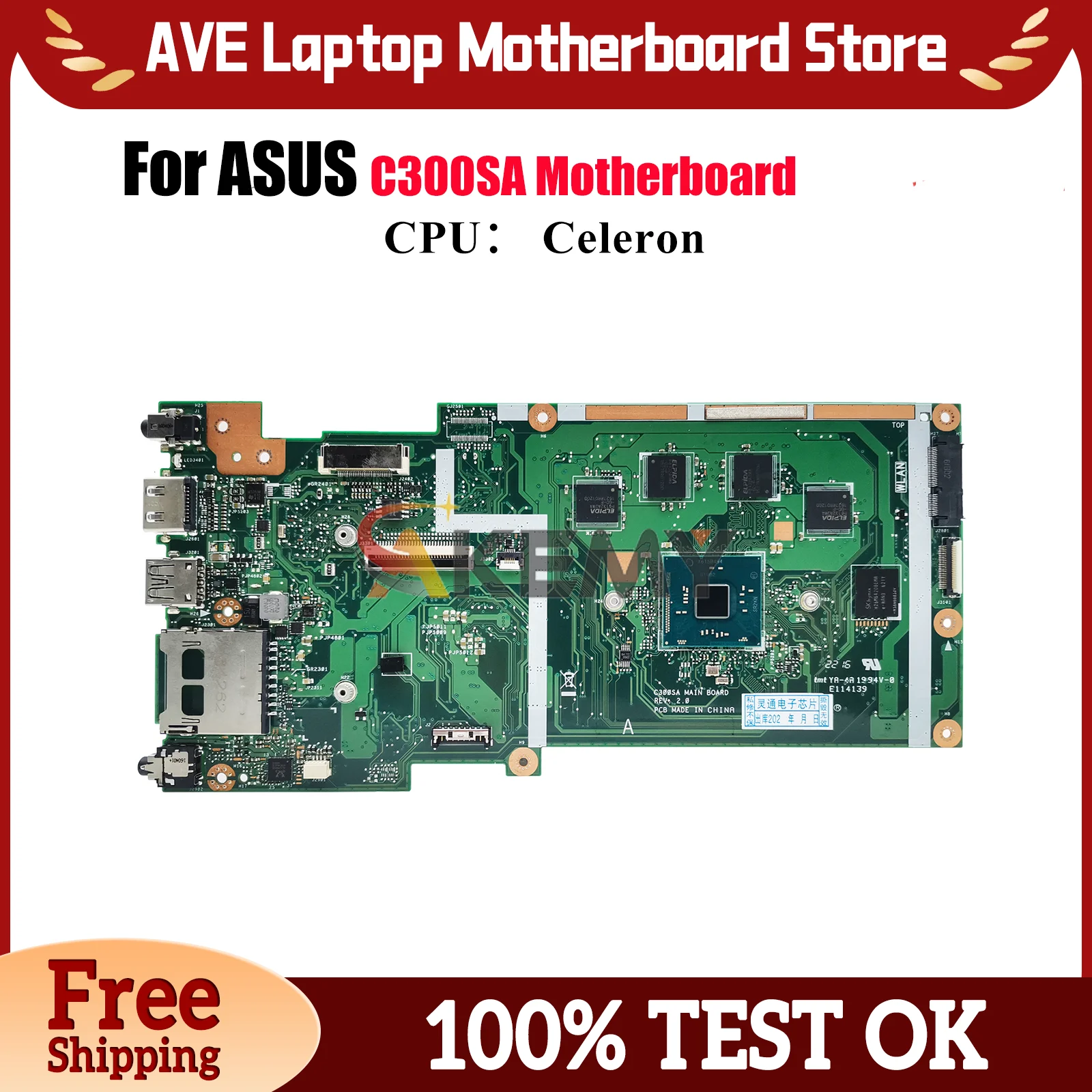 

C300SA Laptop Motherboard For ASUS Chromebook C300S C300SA Notebook Mainboard With Celeron CPU 100% tests OK fast shipping stk