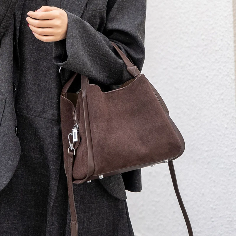 BURMINSA Genuine Leather Suede Bucket Shoulder Bag For Women Luxury Patchwork Top Handle Handbags Vintage Office Crossbody Purse