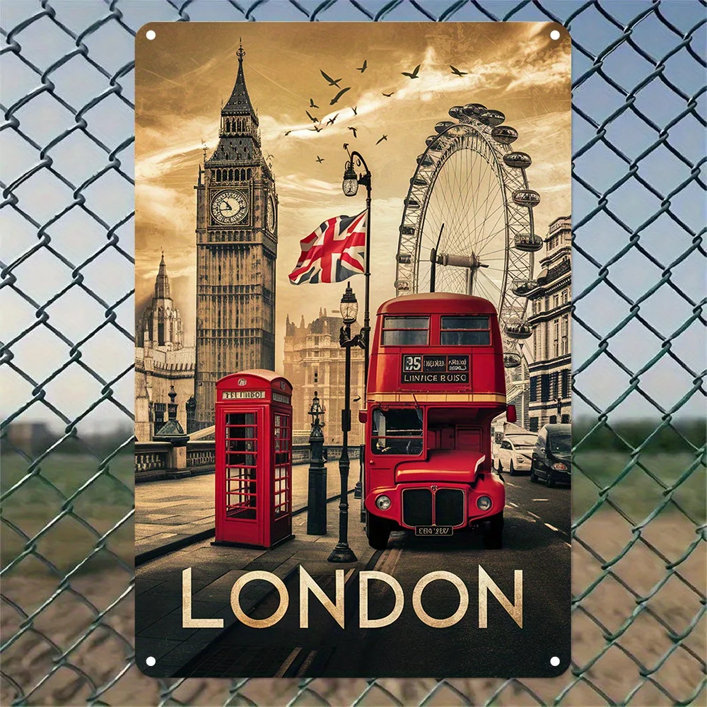Vintage London Metal Wall Art Sign – Iconic Double-Decker Bus & Red Telephone Booth Design, Retro Poster for Home, Office, or G