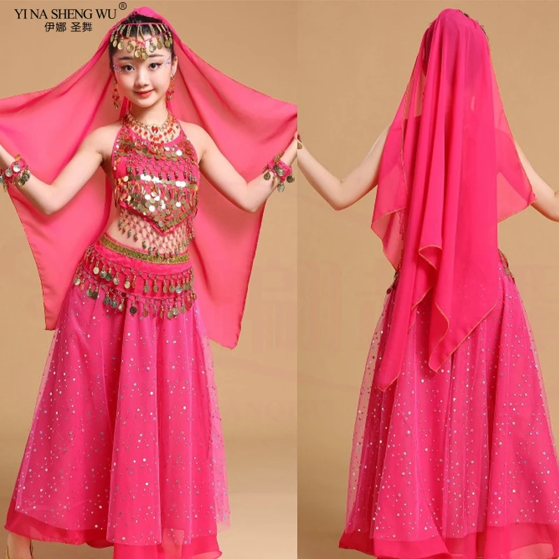 Kid Belly Dance Costumes Set Chiffon Girl Indian Dance Stage Performance Clothing Sequin Skirt for Child/Adult Indian 4 Colors