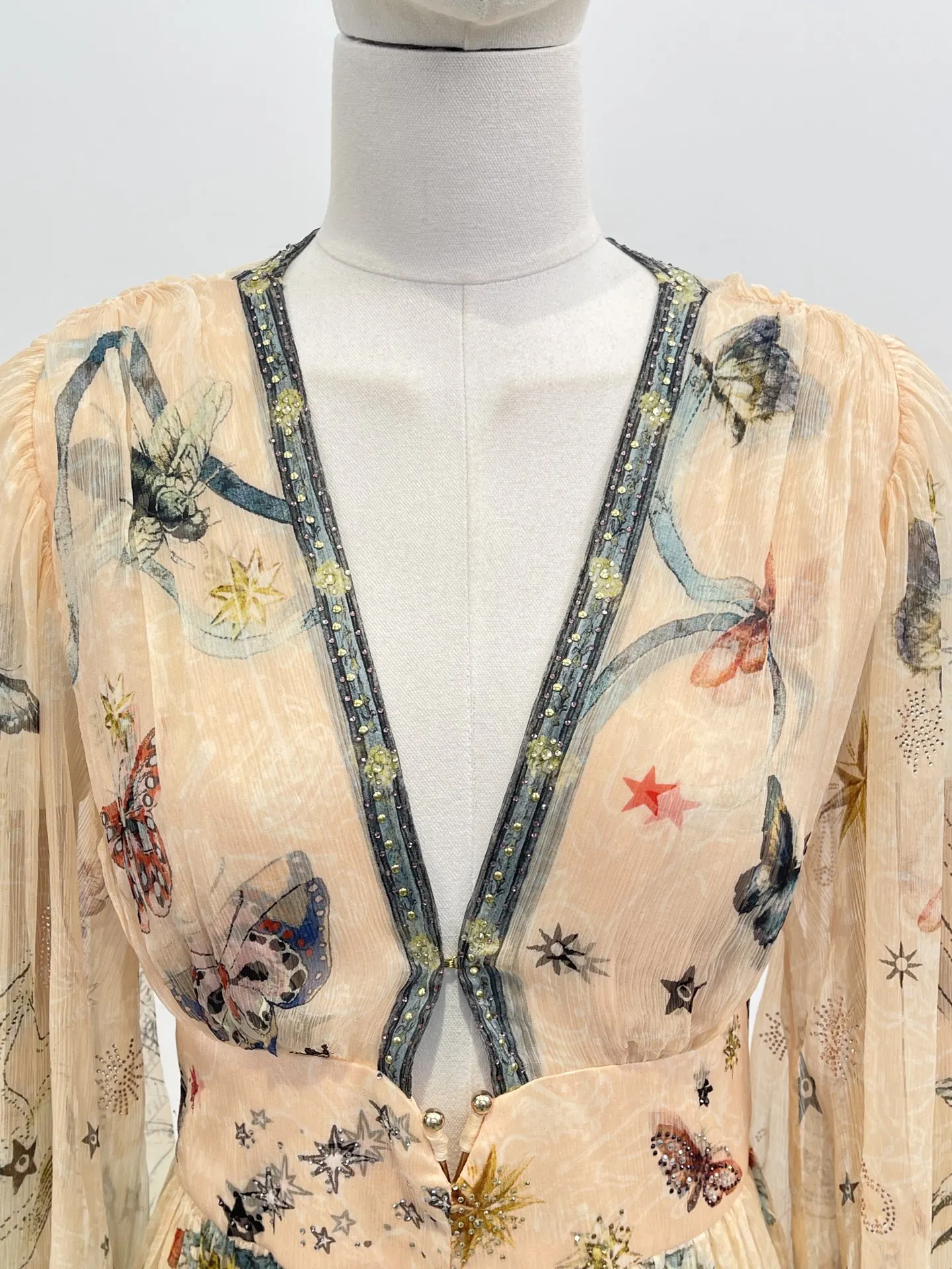 

2026 Butterfly Insect Print Diamonds Silk Deep V Neck Long Sleeve Midi Dress