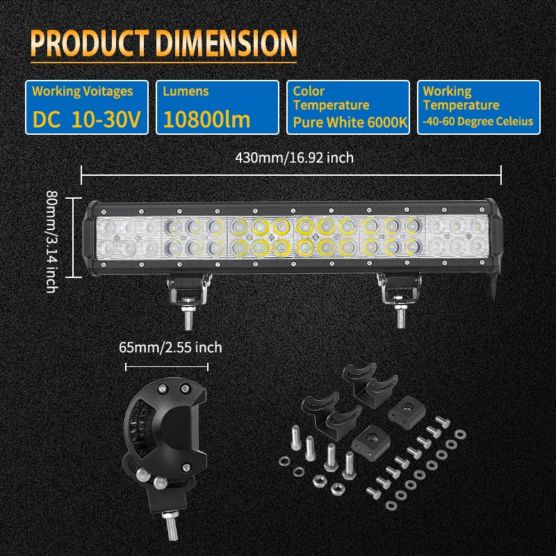 Auxtings 17~18 inch 108W 12V led work light High Power 4x4 Offroad LED Light Bar Combo Beam Dual Rows For JEEP Car Boat