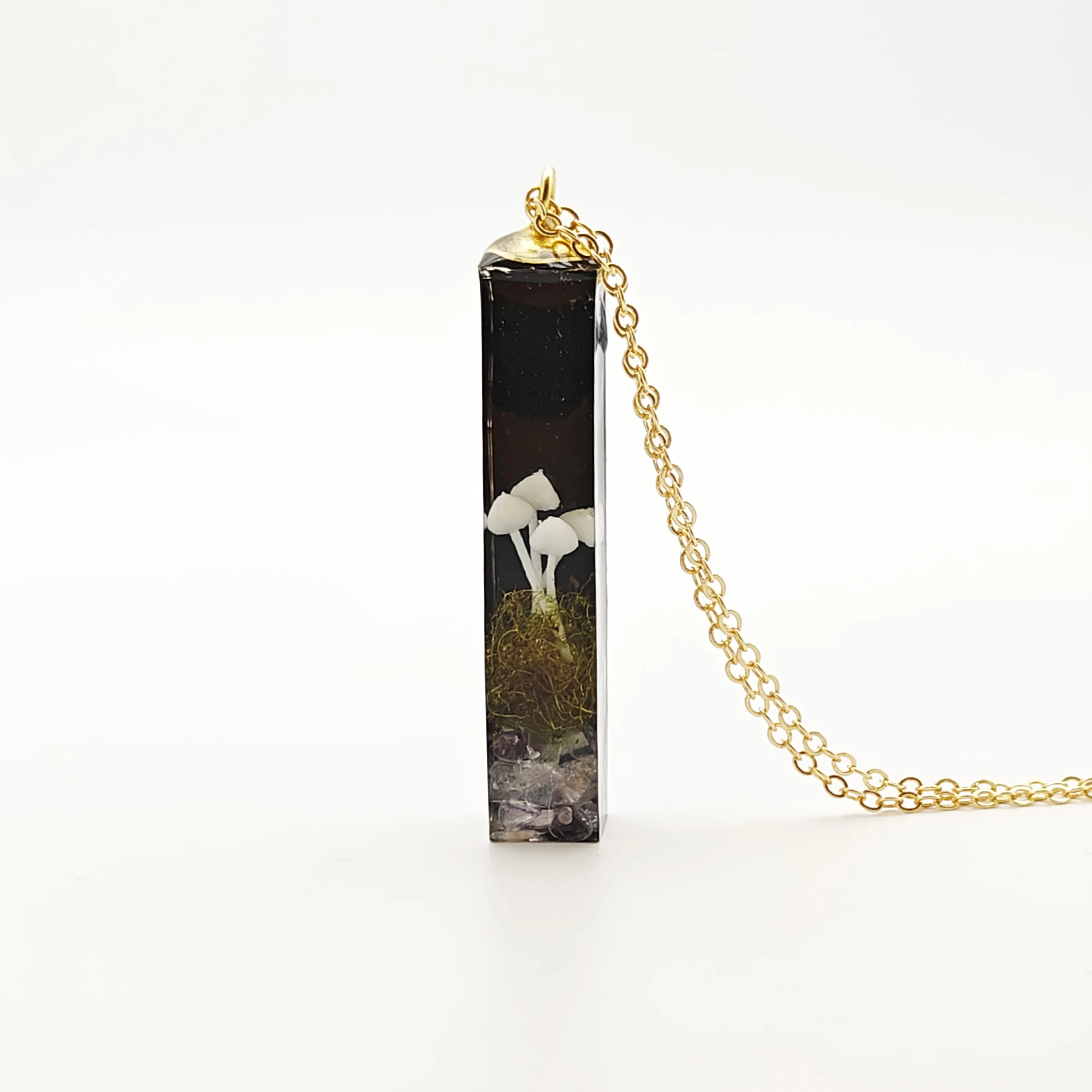 Mushroom 3D Forest Landscape Black Cube Resin Pendant Gold Color Chain Long Necklace Women Fashion Jewelry Bohemian Handmade