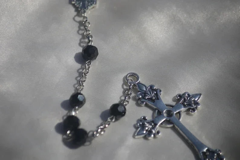 Long Silver Cross Pendant Necklace Beaded Gothic