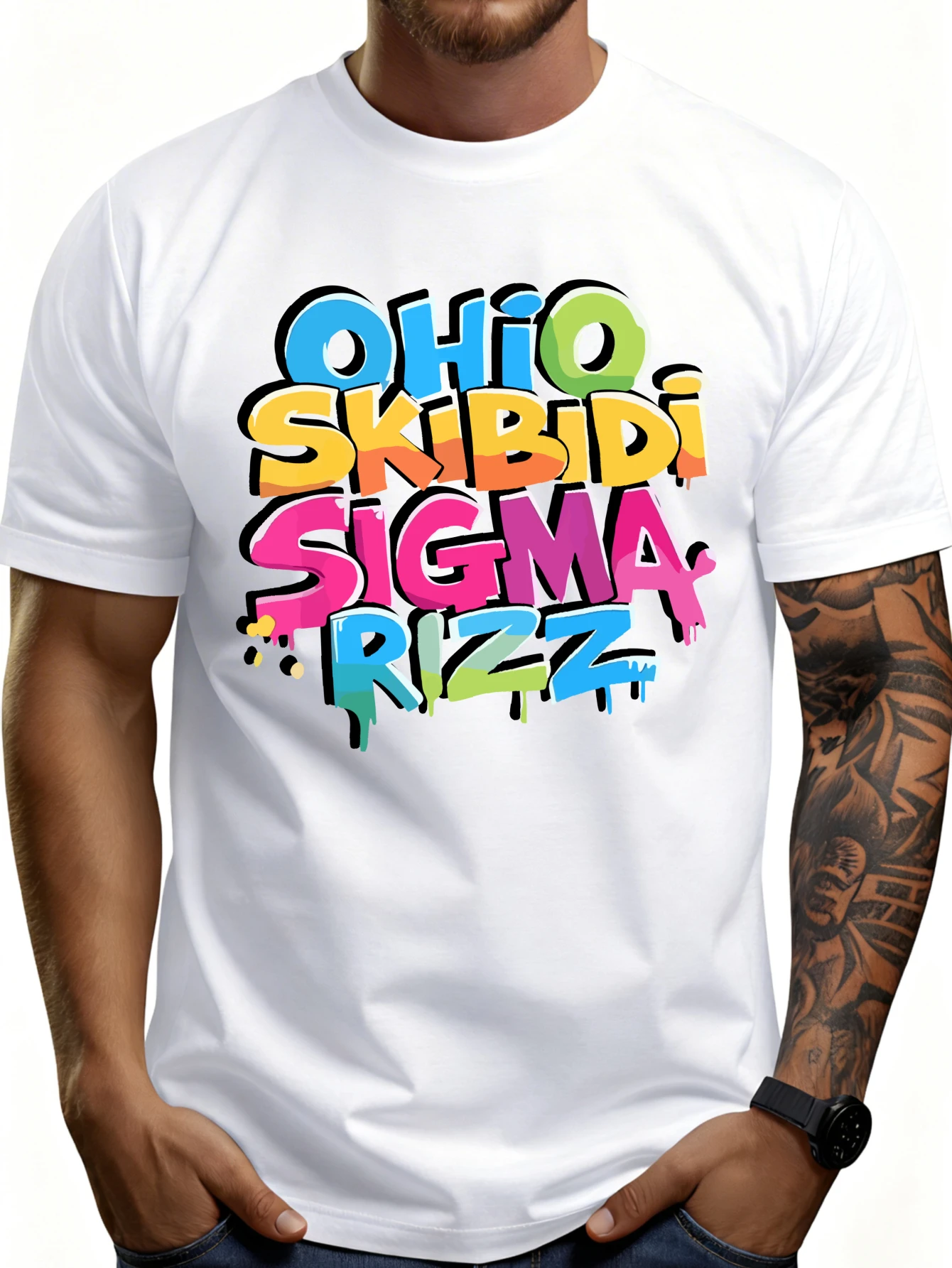 Men's Plain Graphic T-Shirt - Breathable, Soft, Lightweight - Ohio Skibidi Sigma Rizz - Vintage Fun Graphic Casual Short Sleeve Summer Top, Gift for Him