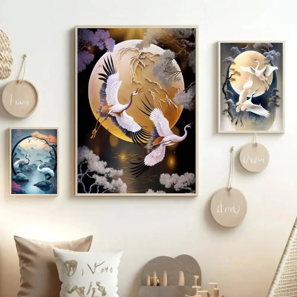 مجردة النمط الصيني القمر كرين الطيور المشارك ذاتية اللصق الفن ورقة مقاومة للماء ملصق مقهى بار غرفة جدار ديكور #3