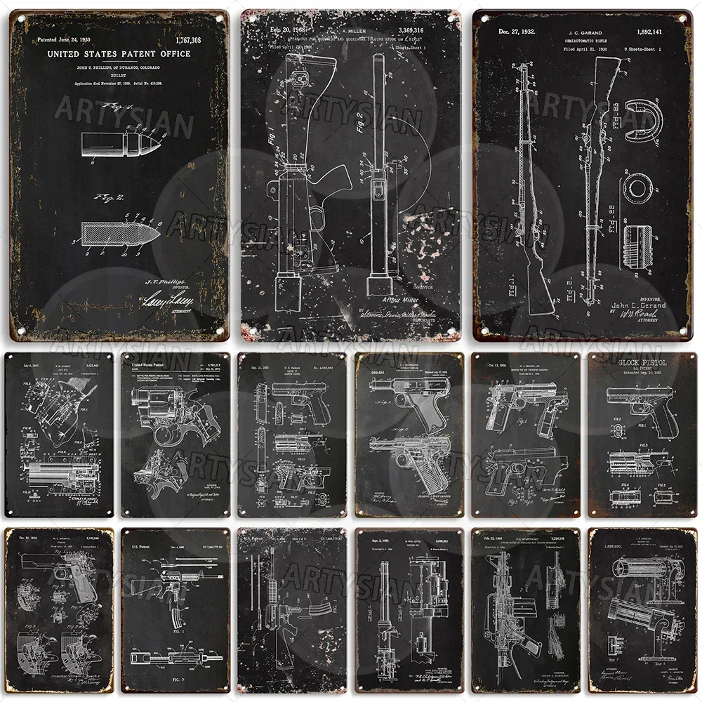 Patent Metal Sign AR-15 Rifle M1 Garand Gatling Gun Arthur Miller Foldable Gun Phillips Bullet James S. Johnston Karl R. Lewis