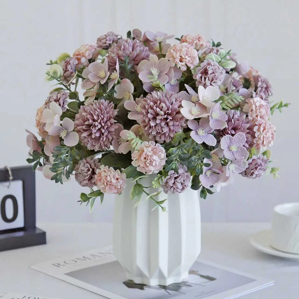 6-teiliges Set Künstliche Seidenblumen Hortensie Chrysantheme Hochzeitsbrautstrauß Heimdekoration Festliche Outdoor-Garten-DIY-Bastelprodukte – Detail 5
